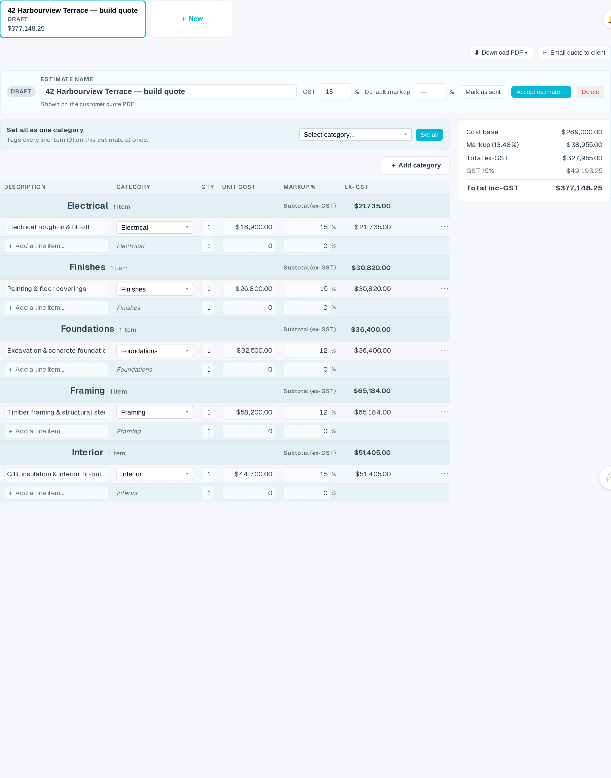 The Download PDF button sits at the top of the estimate on the deal's Estimate tab