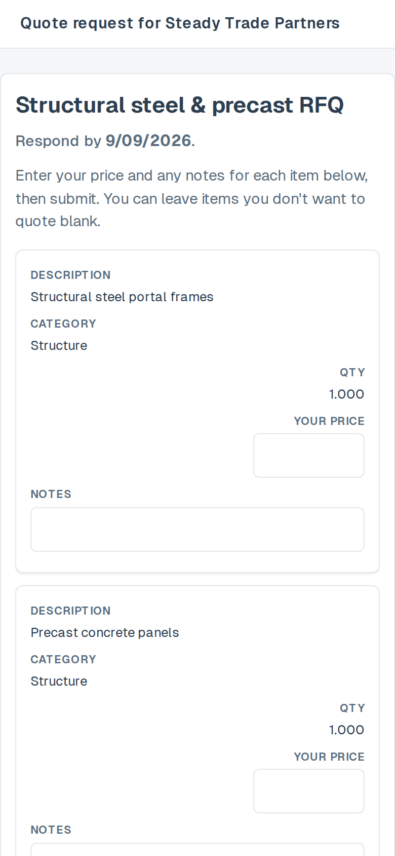 The public quote-request page on a phone — requested items as labelled cards with a price and notes field each