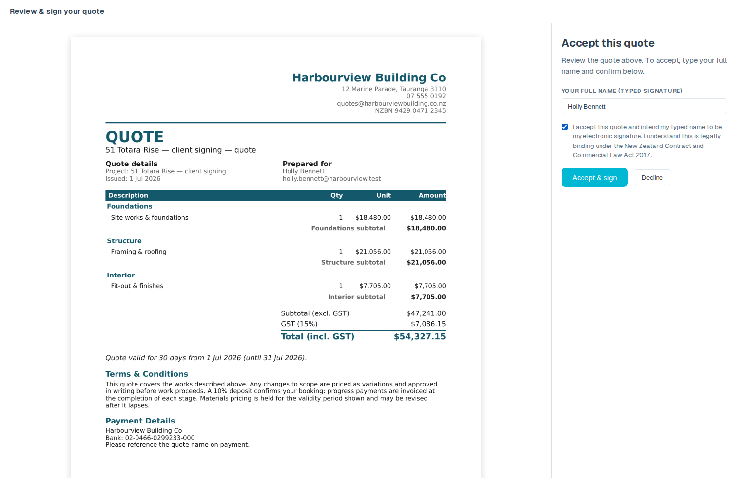 A client e-signing a building quote on the embedded signing page