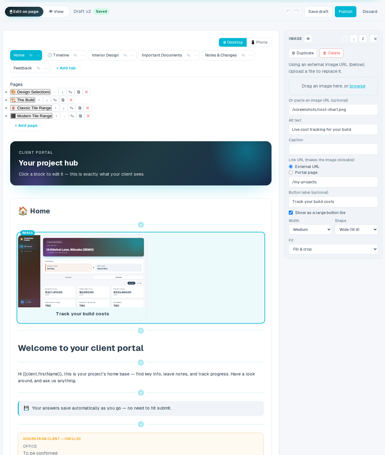 Editing a client portal directly on the page — a block selected on the canvas with its settings in the inspector