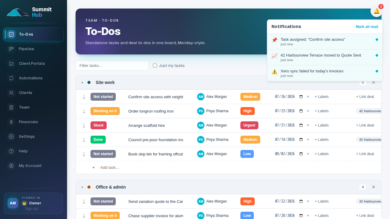 The notification feed open: a task assignment, a deal moving stage, and a failed sync