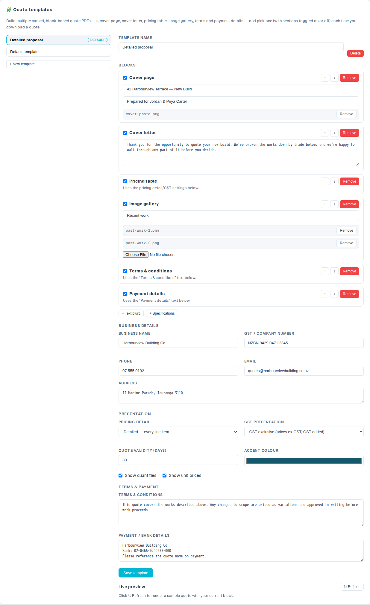 Building a named quote template out of blocks — cover page, cover letter, pricing table, image gallery, terms and payment details, with a live preview alongside