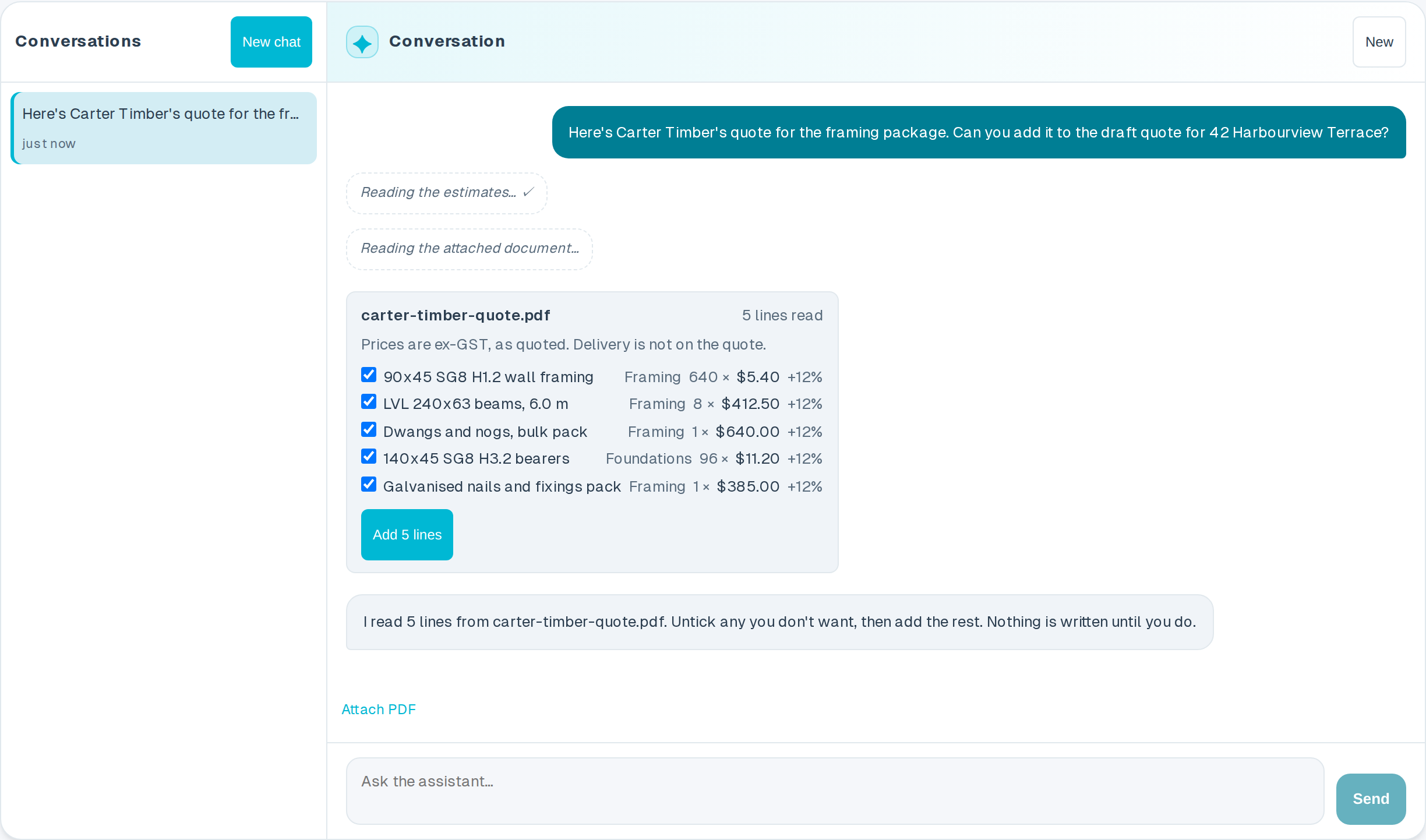 The Summit Hub assistant: a user's message about a supplier timber quote, two tool steps, and a proposal card listing five estimate lines with categories, quantities and costs and an Add 5 lines button, followed by the assistant's note that nothing is written until the lines are added.