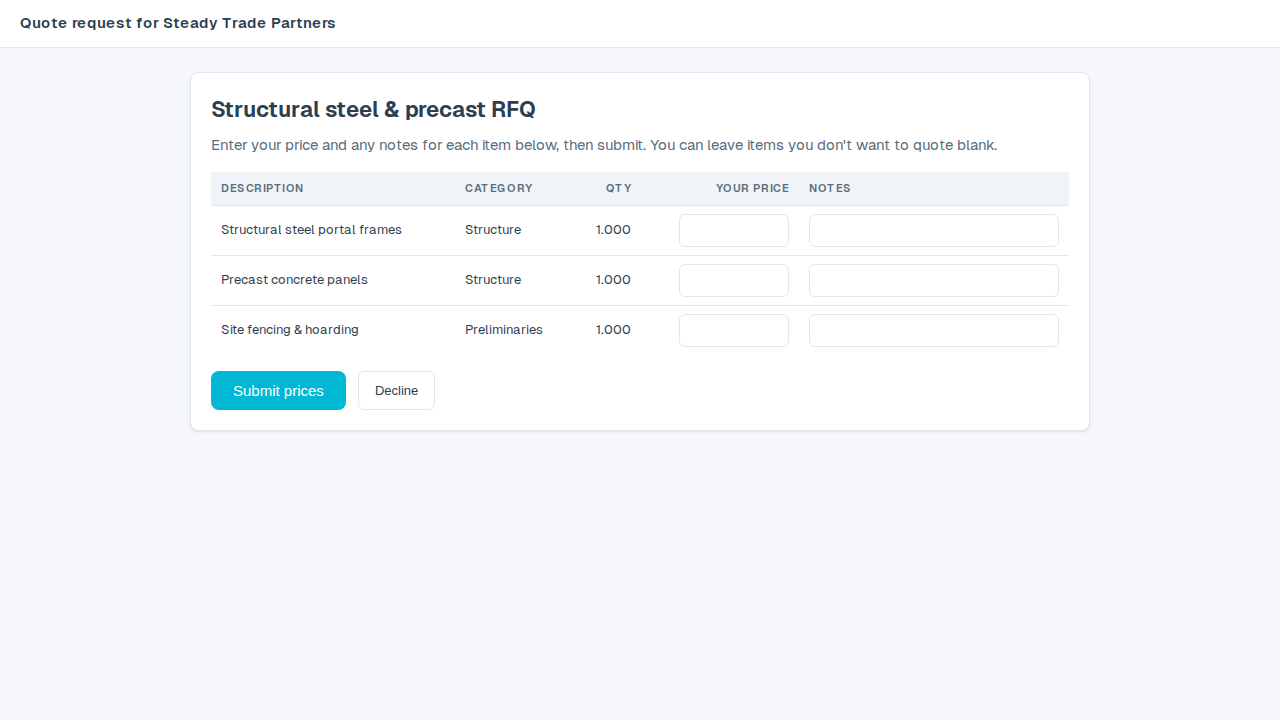The public quote-request page a trade partner opens — requested items with a price and notes field for each, no account needed